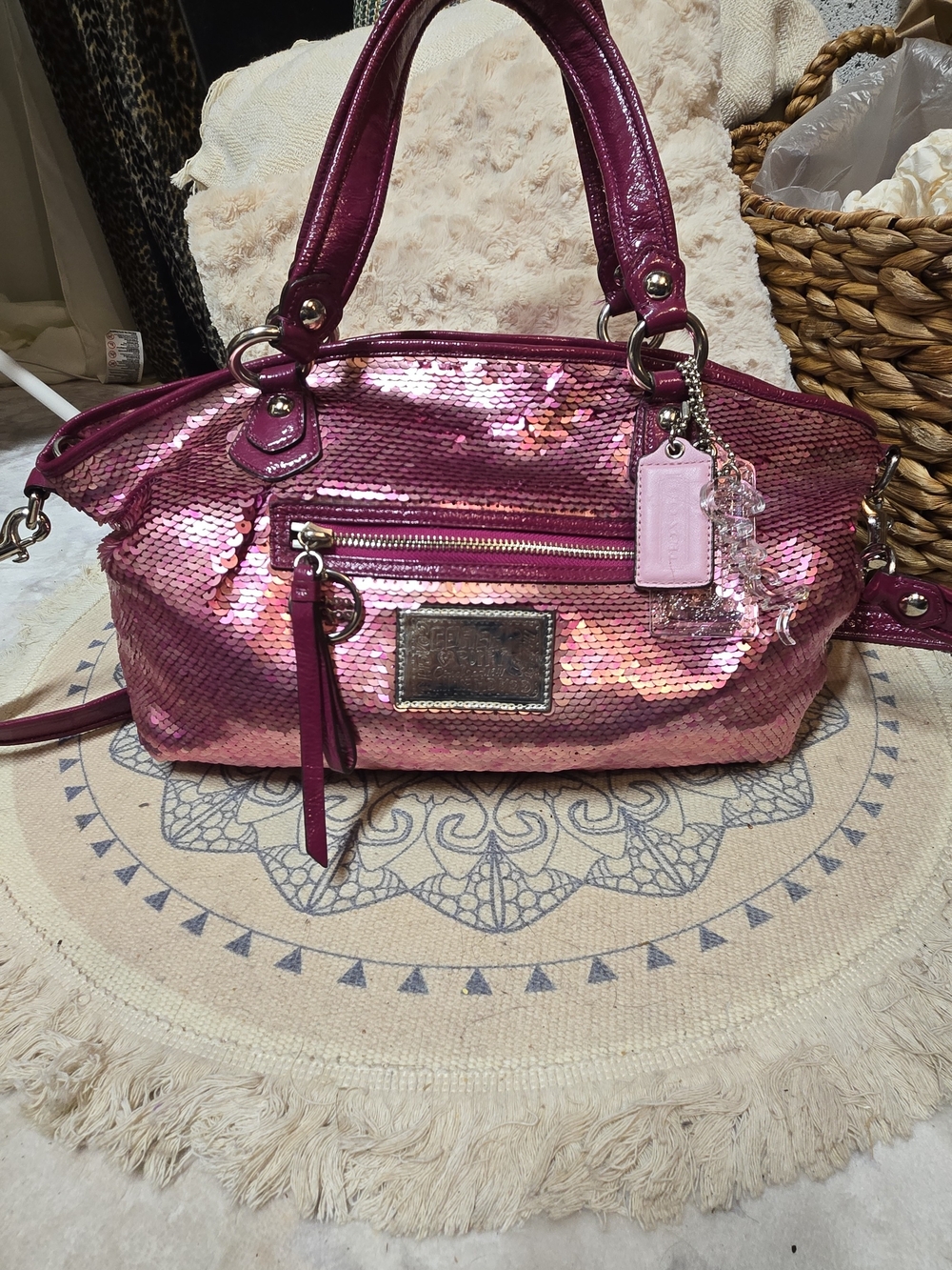 Pink Sequin Coach Y2K Poppy Sequin Rocker Tote Handbag - 3 Hangtags